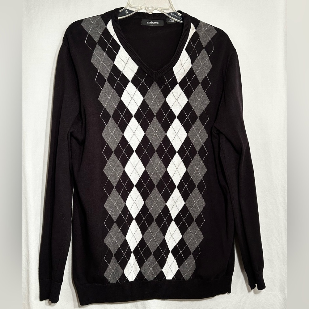 MENS MEDIUM BLACK CLAIBORNE ARGYLE V-NECK 100% COTTON PULLOVER SWEATER
